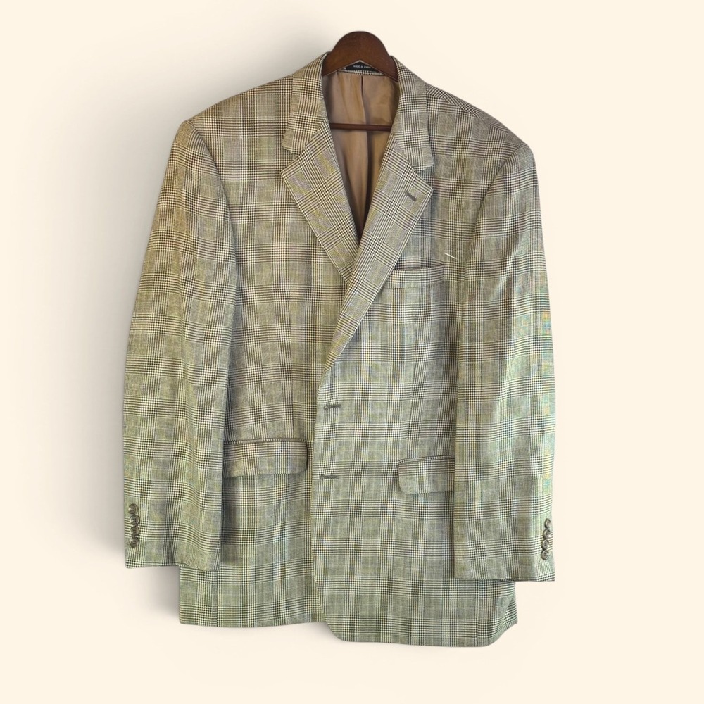 Vintage Glen Plaid Tailored Blazer 42R Tan Plaid Silk Wool Over-Check Heritage